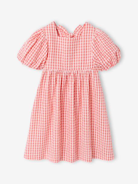 Gingham girl's dress with bows on the back coral 