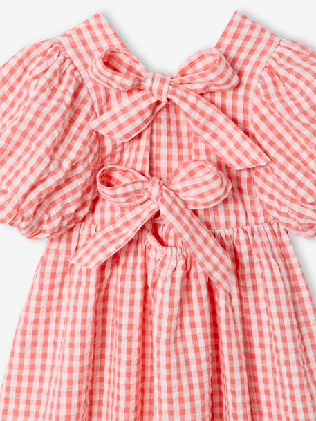 Gingham girl's dress with bows on the back coral 