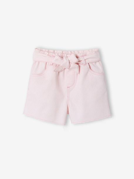 Girl's twill shorts with tie belt rose+striped blue+vanilla 