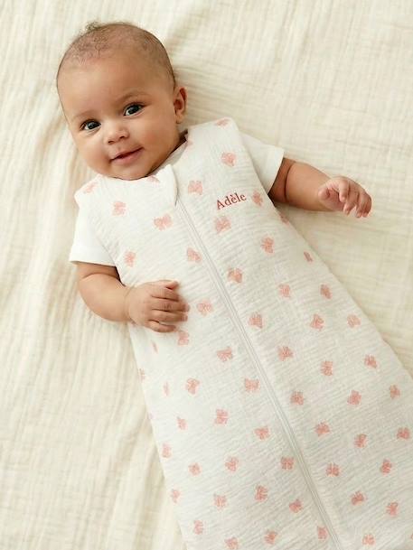 Customisable summer baby sleeping bag with central opening in cotton muslin, NOEUDS printed white 