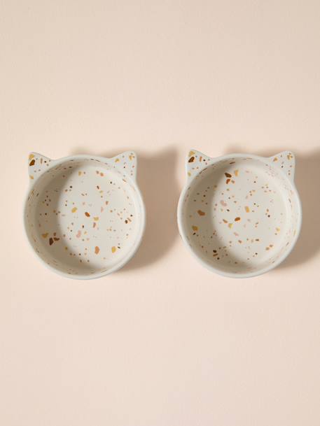 Set of 2 Ceramic Cat Bowls, FAMILY ecru+printed white 