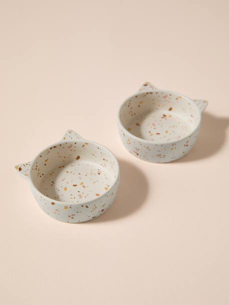 Set of 2 Ceramic Cat Bowls, FAMILY ecru+printed white 