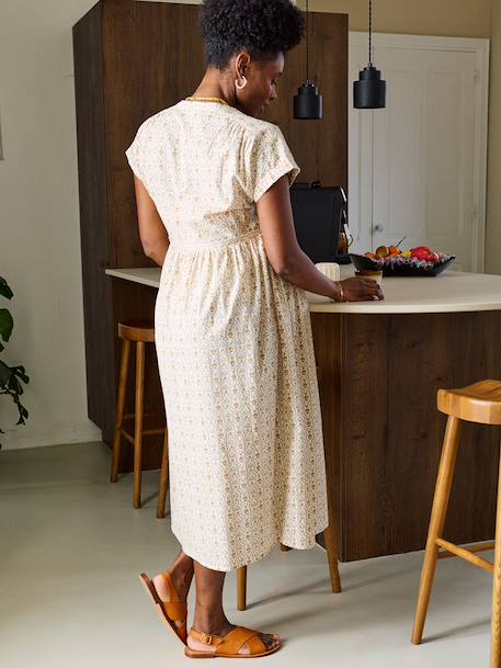 Long buttoned nursing dress in organic cotton ecru 