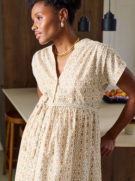 Long buttoned nursing dress in organic cotton ecru 