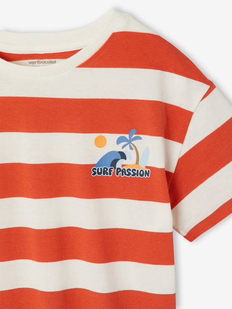 Boy's t-shirt with wide stripes and chest motif orange+striped green 