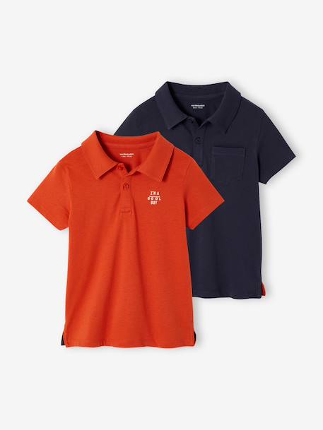 Set of 2 Plain, Short Sleeve Polo Shirts, for Boys aqua green+BLUE LIGHT SOLID WITH DESIGN+coral+orange 