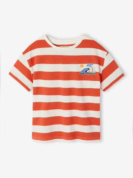 Boy's t-shirt with wide stripes and chest motif orange+striped green 