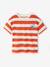 Boy's t-shirt with wide stripes and chest motif orange+striped green 