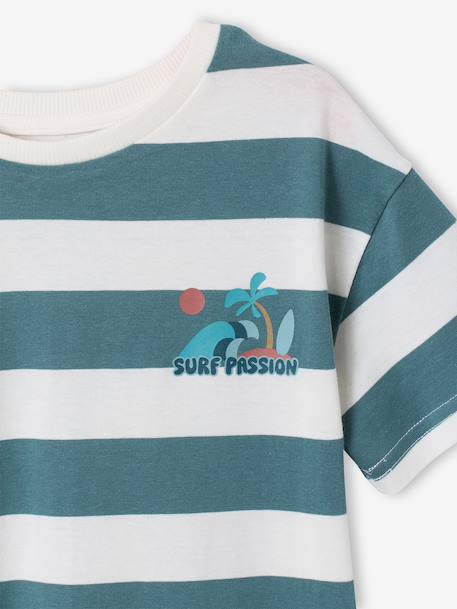 Boy's t-shirt with wide stripes and chest motif orange+striped green 