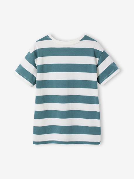 Boy's t-shirt with wide stripes and chest motif orange+striped green 