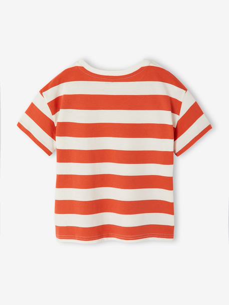 Boy's t-shirt with wide stripes and chest motif orange+striped green 