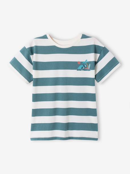 Boy's t-shirt with wide stripes and chest motif orange+striped green 