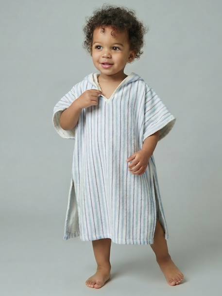 Baby Animals Bath Poncho, with Recycled Cotton printed white+striped blue 