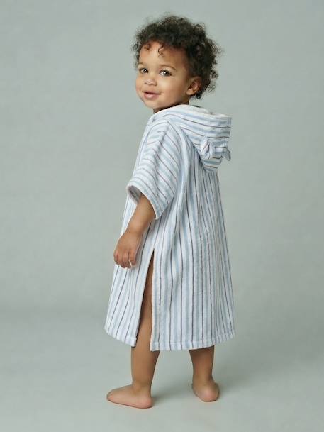 Baby Animals Bath Poncho, with Recycled Cotton printed white+striped blue 