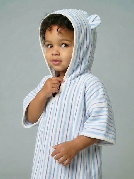 Baby Animals Bath Poncho, with Recycled Cotton printed white+striped blue 
