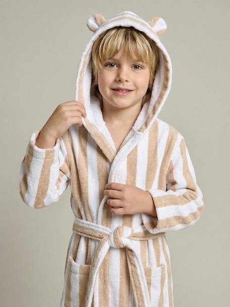 Customisable children's bear bathrobe, with recycled cotton striped beige 