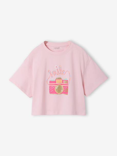 Cropped short-sleeved T-shirt for girls beige+ecru+rosy+striped violet 