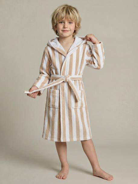 Customisable children's bear bathrobe, with recycled cotton striped beige 
