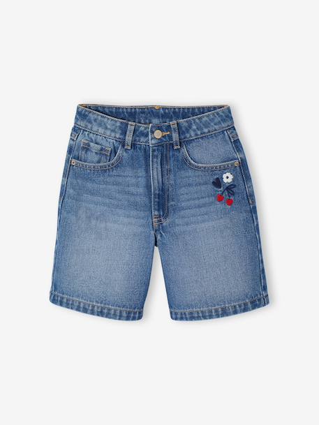 Embroidered floral denim shorts light blue+medium blue 