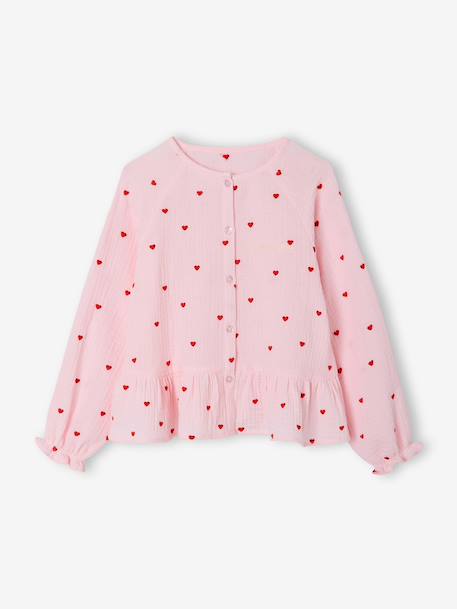 Girl's cotton gauze shirt aqua green+pale pink 