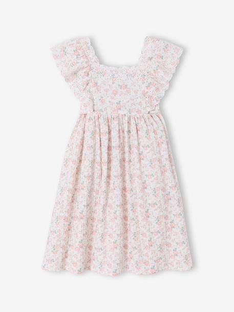 Cotton Gauze Occasion Wear Dress with Broderie Anglaise Sleeves, for Girls pale pink 