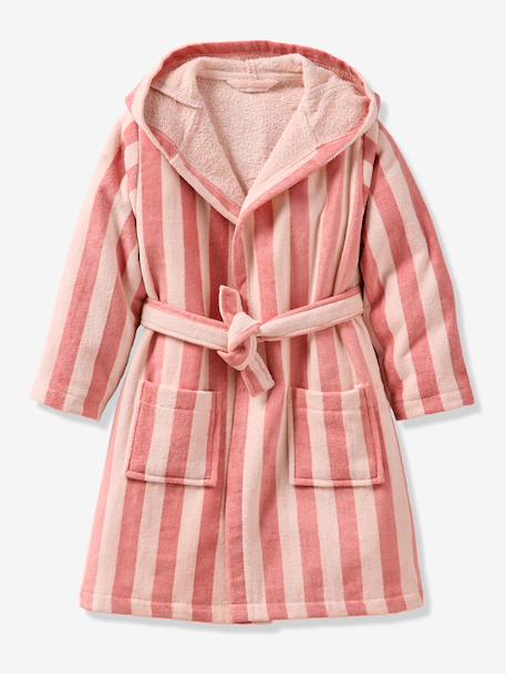 Customisable rabbit bathrobe for children, with recycled cotton striped pink 