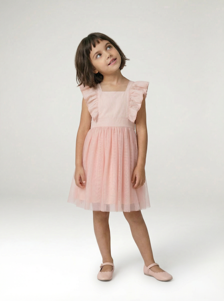 Ruffled Occasion Wear Dress in Cotton Gauze & Tulle, for Girls ecru+pale pink+sage green+white 