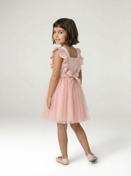Ruffled Occasion Wear Dress in Cotton Gauze & Tulle, for Girls ecru+pale pink+sage green+white 