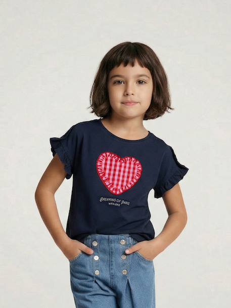 Girl's short-sleeved t-shirt with romantic pattern and frill detail ecru+navy blue+rose+sage green 