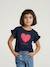 Girl's short-sleeved t-shirt with romantic pattern and frill detail ecru+navy blue+rose+sage green 