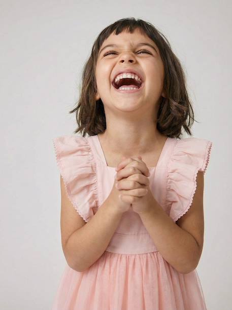 Ruffled Occasion Wear Dress in Cotton Gauze & Tulle, for Girls ecru+pale pink+sage green+white 