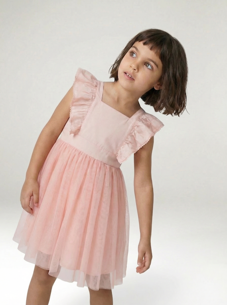 Ruffled Occasion Wear Dress in Cotton Gauze & Tulle, for Girls ecru+pale pink+sage green+white 