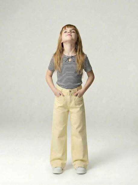 Girl's wide-leg trousers with heart pockets pale yellow+rosy 