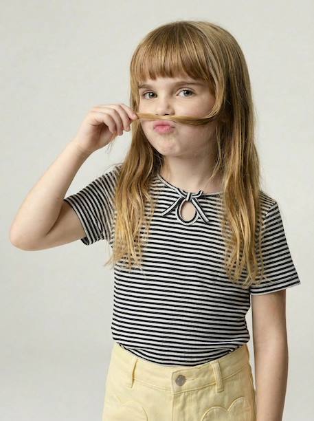 Girl's fancy bow t-shirt striped blue+yellow 