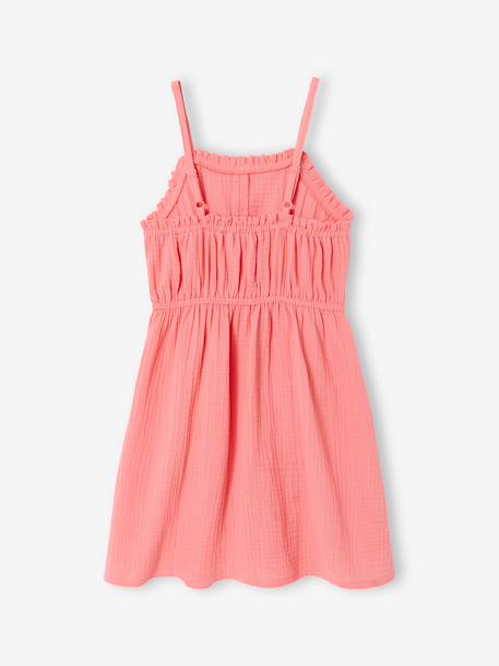 Cotton Gauze Strappy Dress for Girls beige+coral+emerald green 
