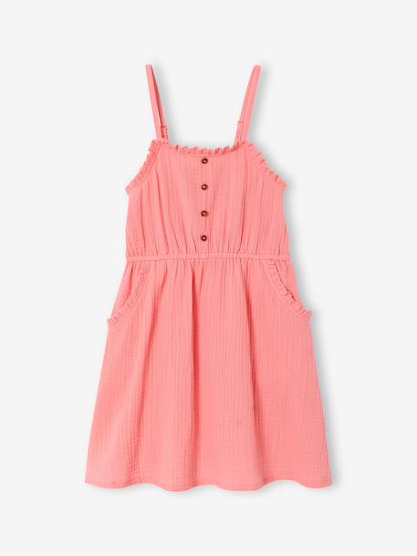 Cotton Gauze Strappy Dress for Girls beige+coral+emerald green 
