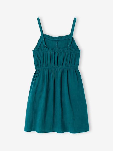 Cotton Gauze Strappy Dress for Girls beige+coral+emerald green 
