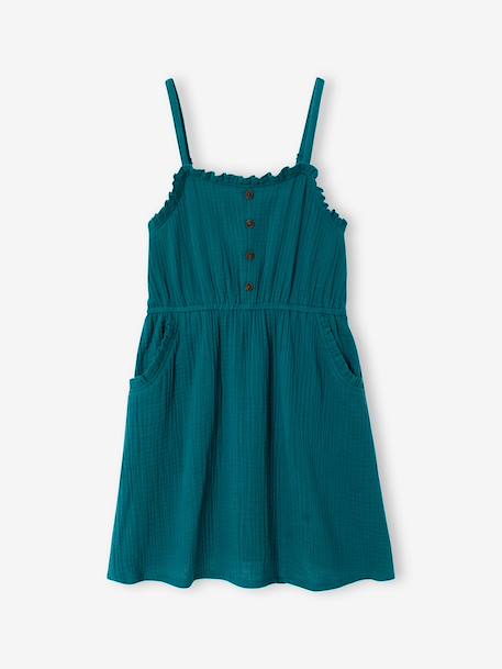 Cotton Gauze Strappy Dress for Girls beige+coral+emerald green 