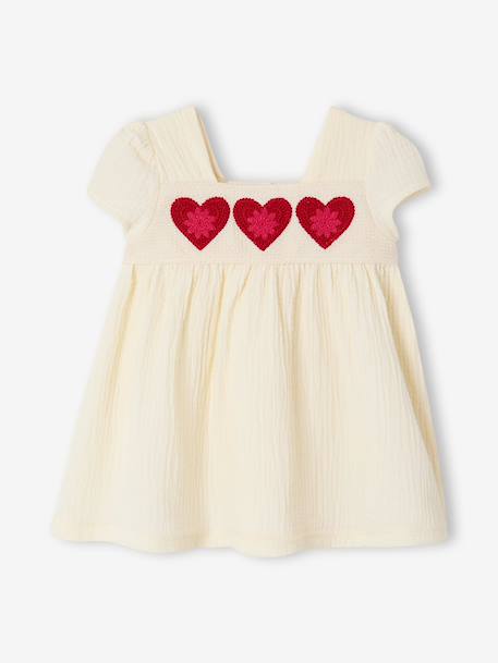Crochet heart baby girl's dress ecru 