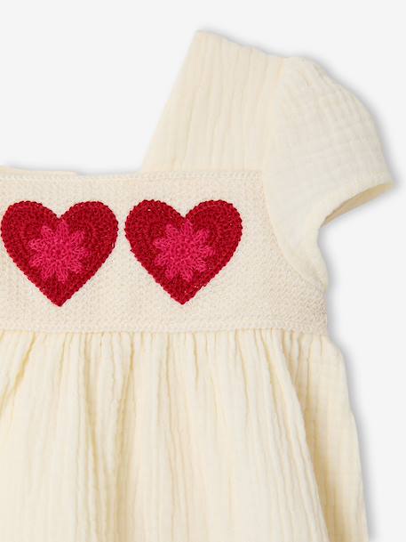Crochet heart baby girl's dress ecru 