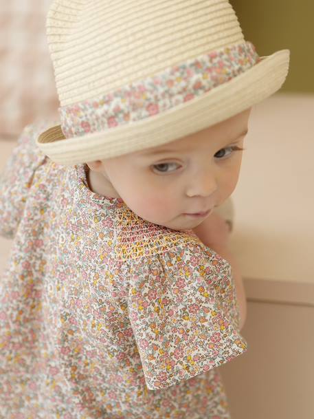 Baby girl's straw hat with ribbon sandy beige 