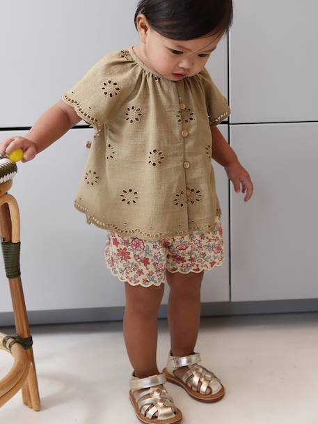 Short-sleeved embroidery blouse khaki 