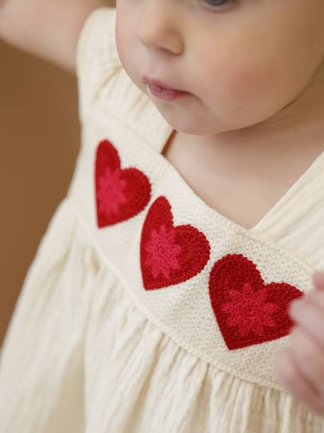 Crochet heart baby girl's dress ecru 