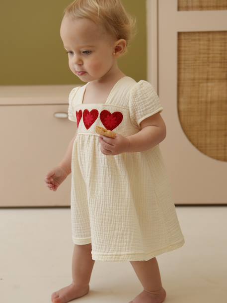 Crochet heart baby girl's dress ecru 