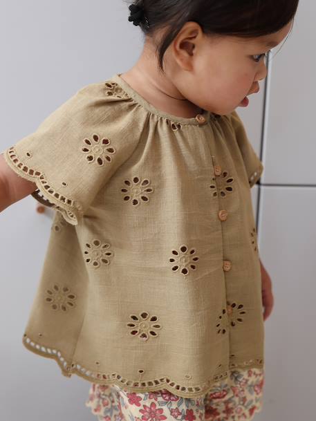 Short-sleeved embroidery blouse khaki 