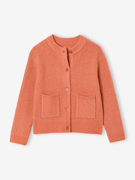 Girl's fine knit fluffy cardigan coral+marl grey+peony pink 