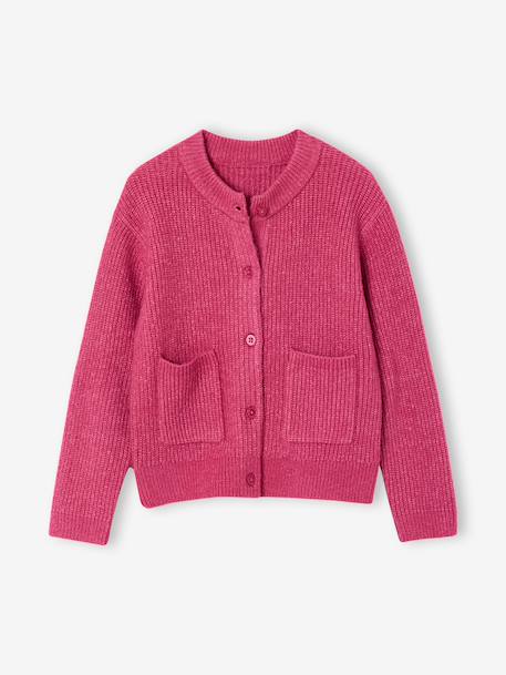 Girl's fine knit fluffy cardigan coral+marl grey+peony pink 