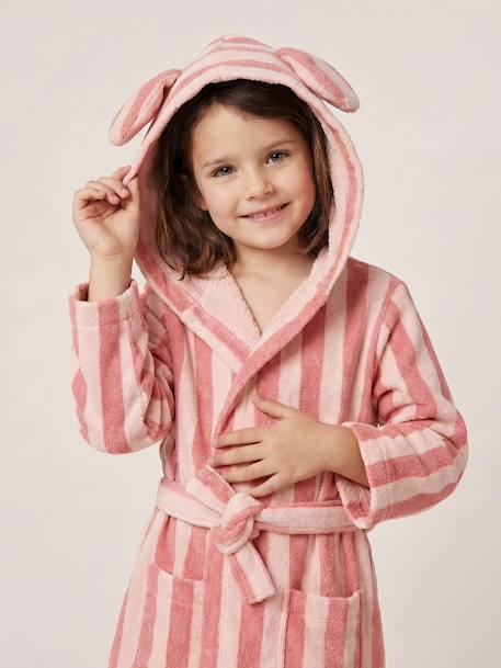 Customisable rabbit bathrobe for children, with recycled cotton striped pink 