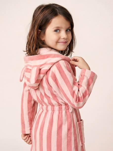 Customisable rabbit bathrobe for children, with recycled cotton striped pink 