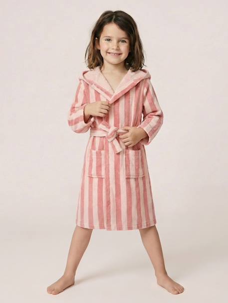 Customisable rabbit bathrobe for children, with recycled cotton striped pink 